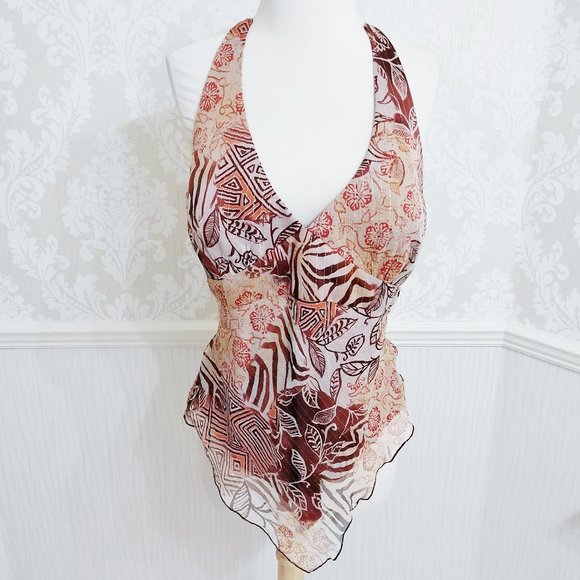 Cache  Halter Top Brown Abstract Print Size Medium SEXY - Picture 1 of 4